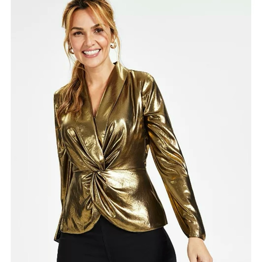 INC Gold Twist Front Shawl Collar Metallic Peplum Top NWT 4 Cocktail